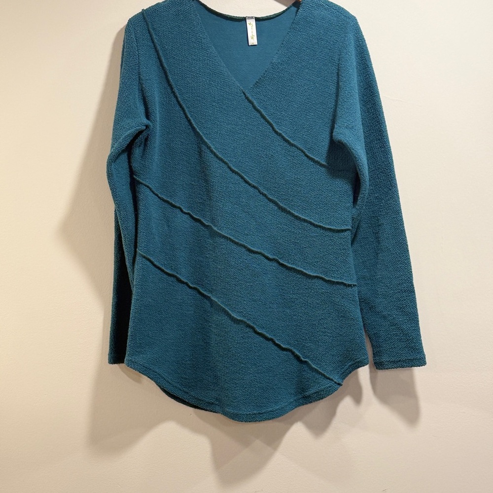 Spiritex‎ Women's 100% Organic Cotton Teal V-Neck Knit Sweater Size M